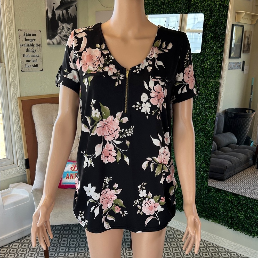 Sweet Wanderer Black Blouse with Pink Floral Design